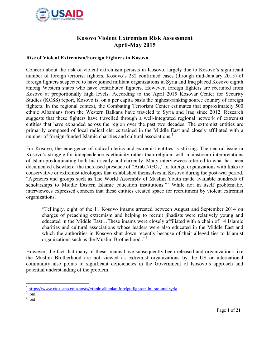 Kosovo Violent Extremism Risk Assessment April-May 2015