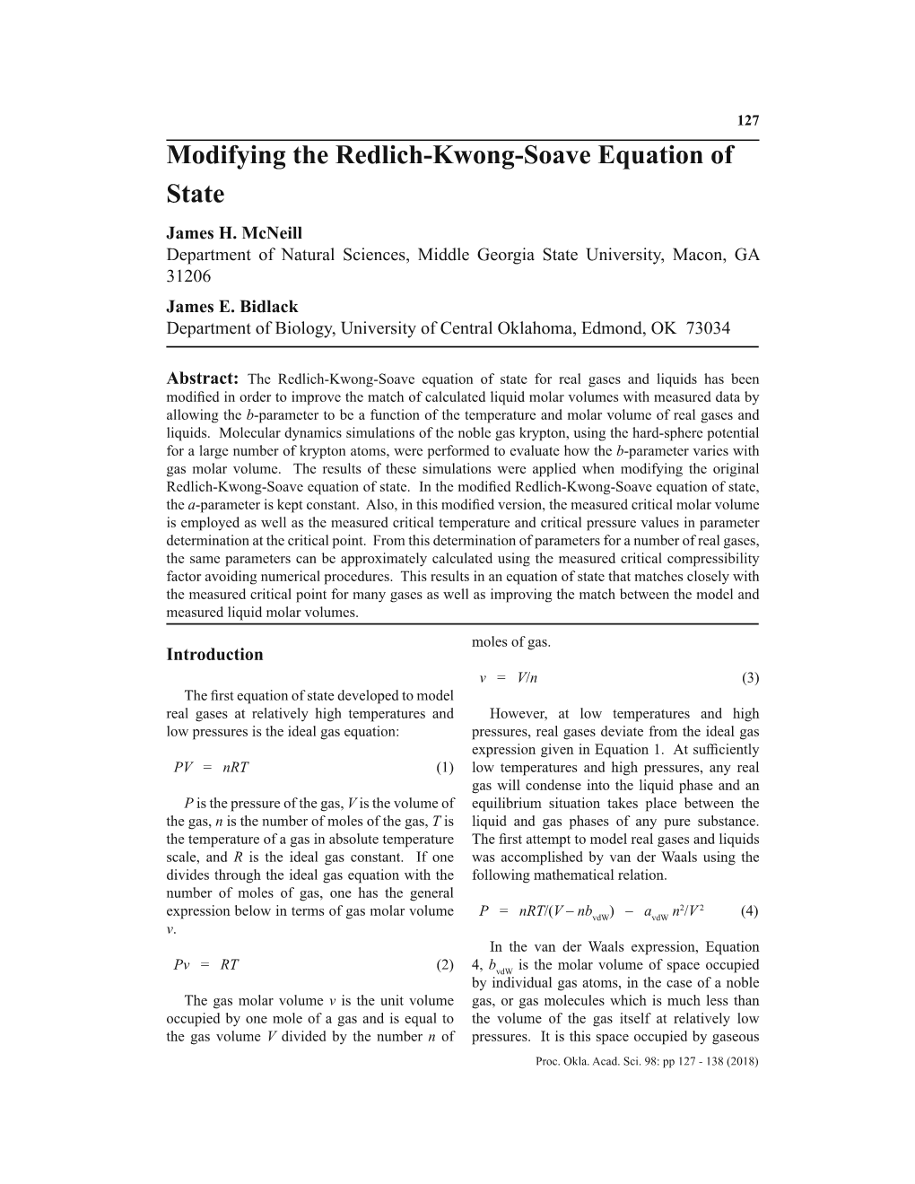 Modifying the Redlich-Kwong-Soave Equation of State James H