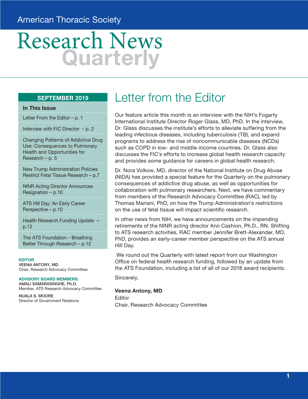 SEPTEMBER 2019 Letter from the Editor in This Issue Our Feature Article This Month Is an Interview with the NIH’S Fogarty Letter from the Editor – P