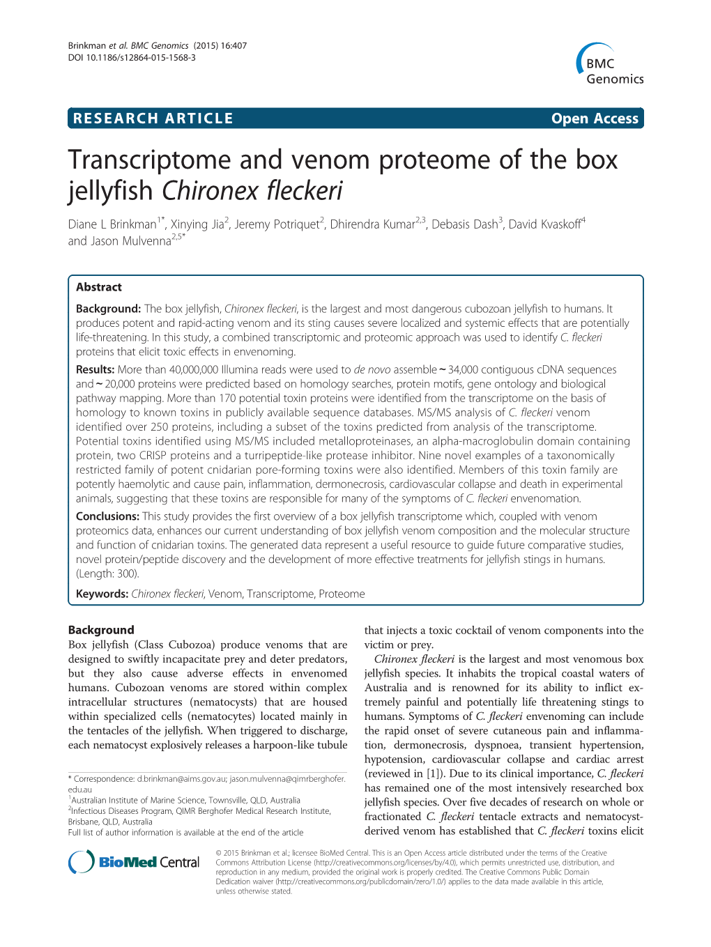 Transcriptome and Venom Proteome of the Box Jellyfish Chironex Fleckeri