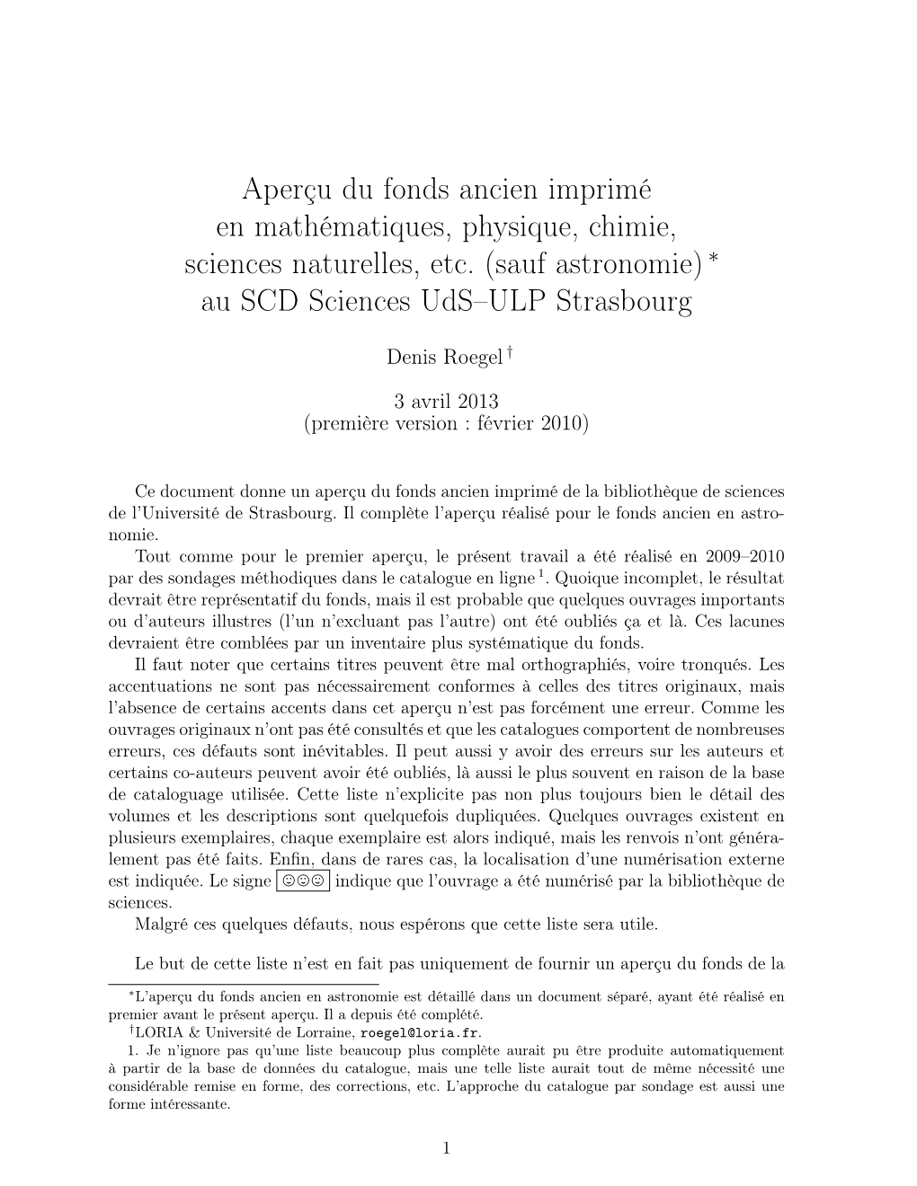 Aperçu Du Fonds Ancien Imprimé En Mathématiques, Physique, Chimie, Sciences Naturelles, Etc. (Sauf Astronomie) ∗ Au SCD Sciences Uds–ULP Strasbourg