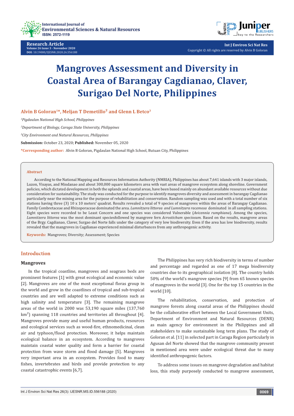 Mangroves Assessment and Diversity in Coastal Area Ofbarangay