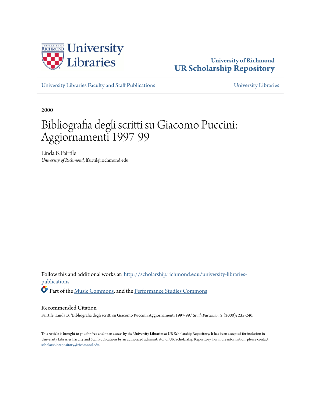 Bibliografia Degli Scritti Su Giacomo Puccini: Aggiornamenti 1997-99 Linda B