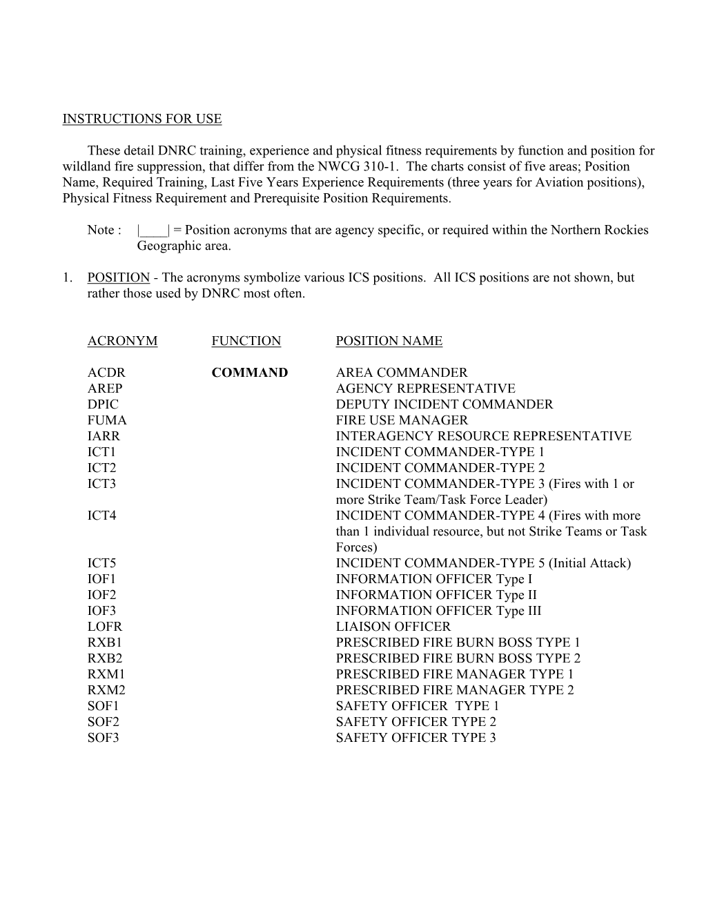 INSTRUCTIONS for USE These Detail DNRC Training, Experience and Physical Fitness Requirements by Function and Position for Wildl