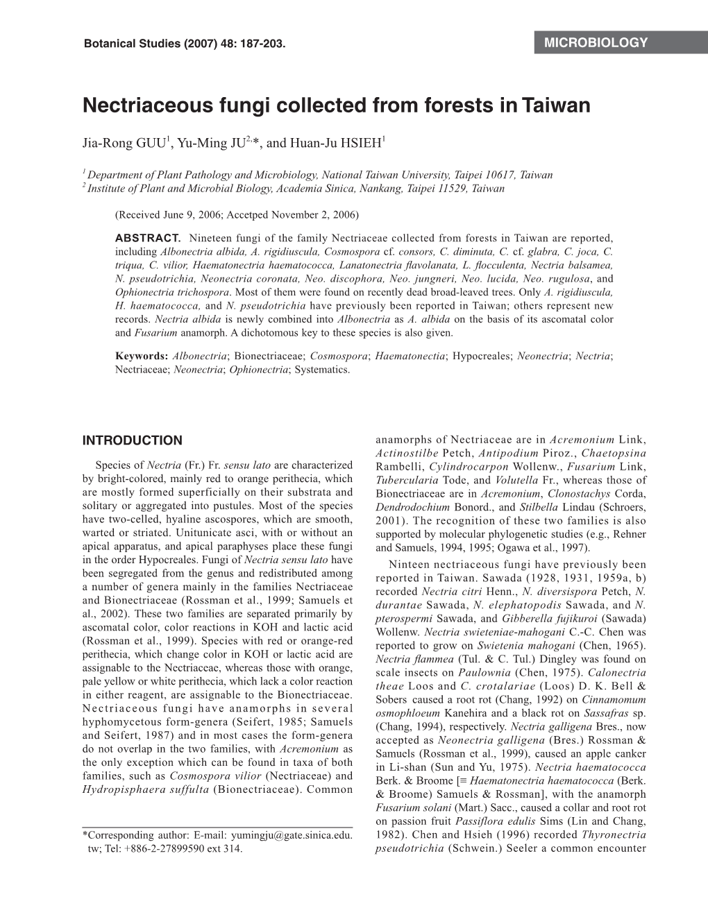 Nectriaceous Fungi Collected from Forests in Taiwan