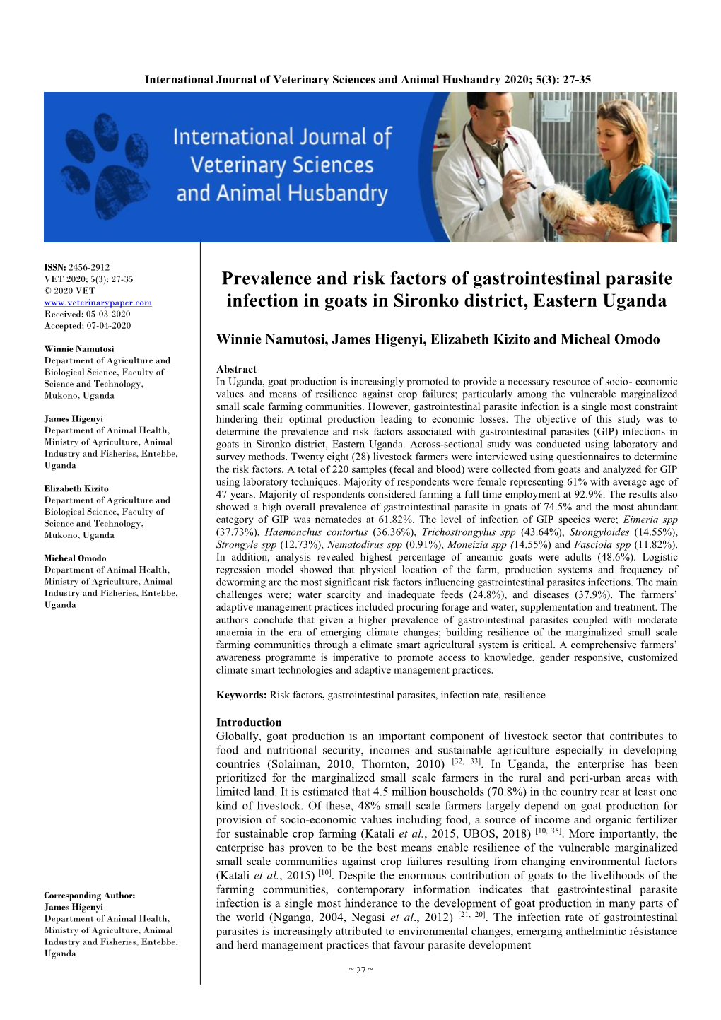 Prevalence and Risk Factors of Gastrointestinal Parasite Infection In