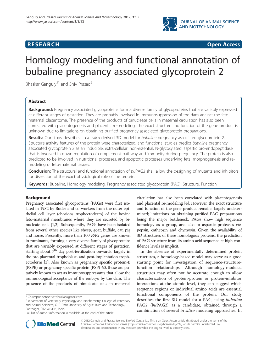 Homology Modeling and Functional Annotation of Bubaline Pregnancy Associated Glycoprotein 2 Bhaskar Ganguly1* and Shiv Prasad2