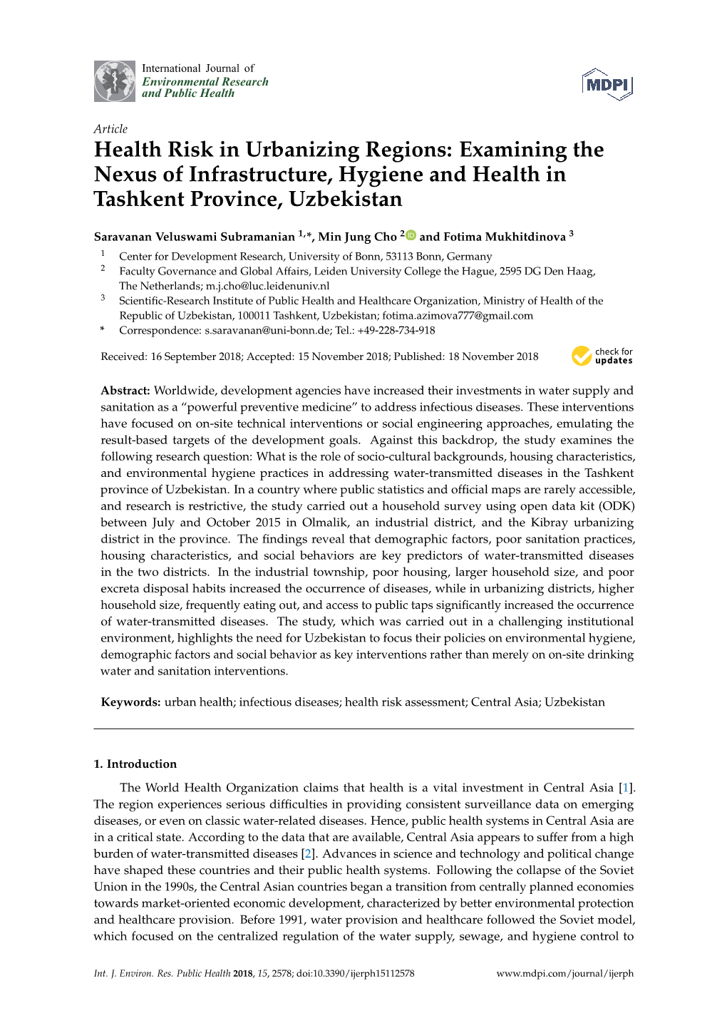 Health Risk in Urbanizing Regions: Examining the Nexus of Infrastructure, Hygiene and Health in Tashkent Province, Uzbekistan