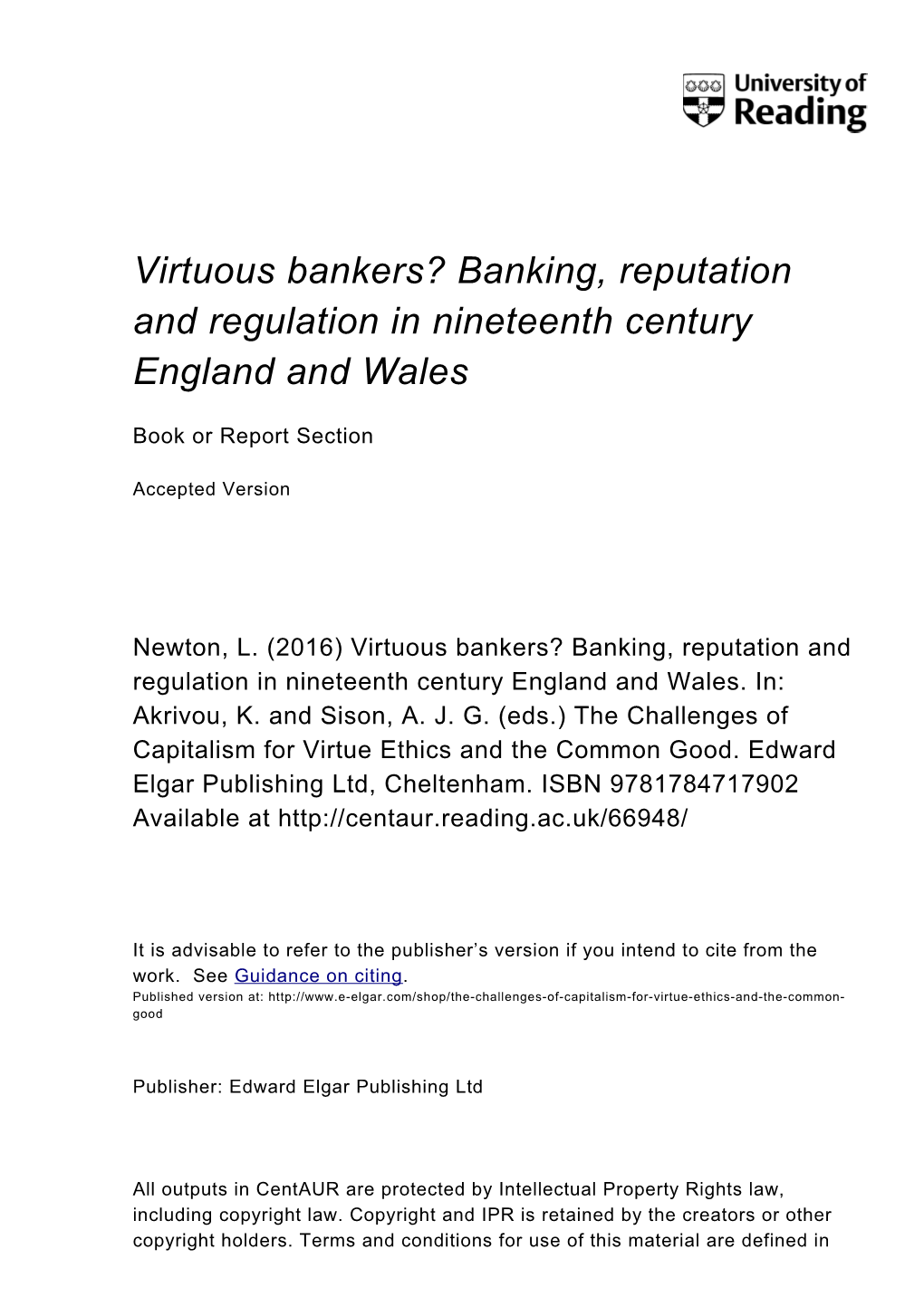 Virtuous Bankers? Banking, Reputation and Regulation in Nineteenth Century England and Wales