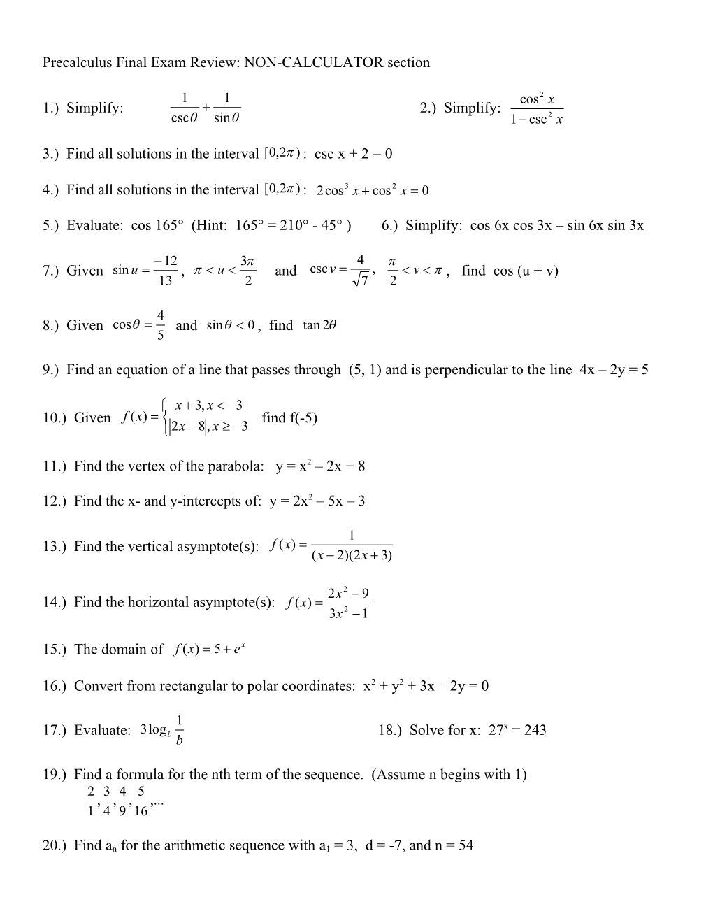 Precalculus Final Exam Review