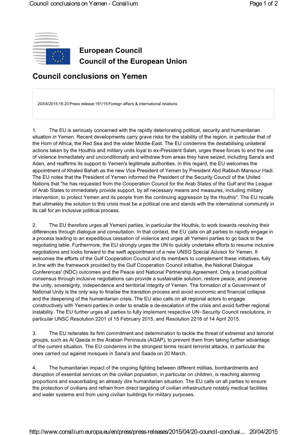 Council Conclusions on Yemen - Consilium Page 1 of 2