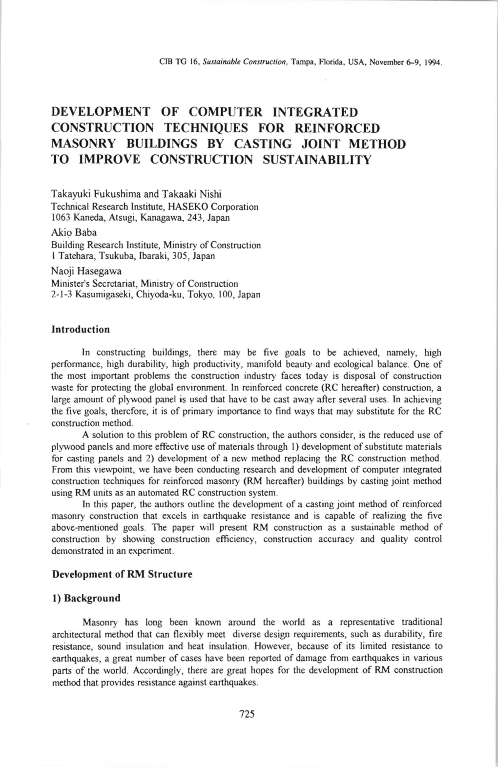 Development of Computer Integrated Construction Techniques for Reinforced Masonry Buildings by Casting Joint Method to Improve Construction Sust Ainability