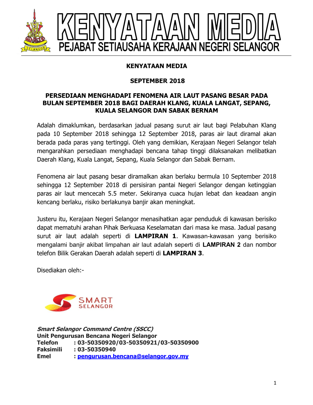 Kenyataan Media September 2018 Persediaan Menghadapi Fenomena Air Laut Pasang Besar Pada Bulan September 2018 Bagi Daerah Klang