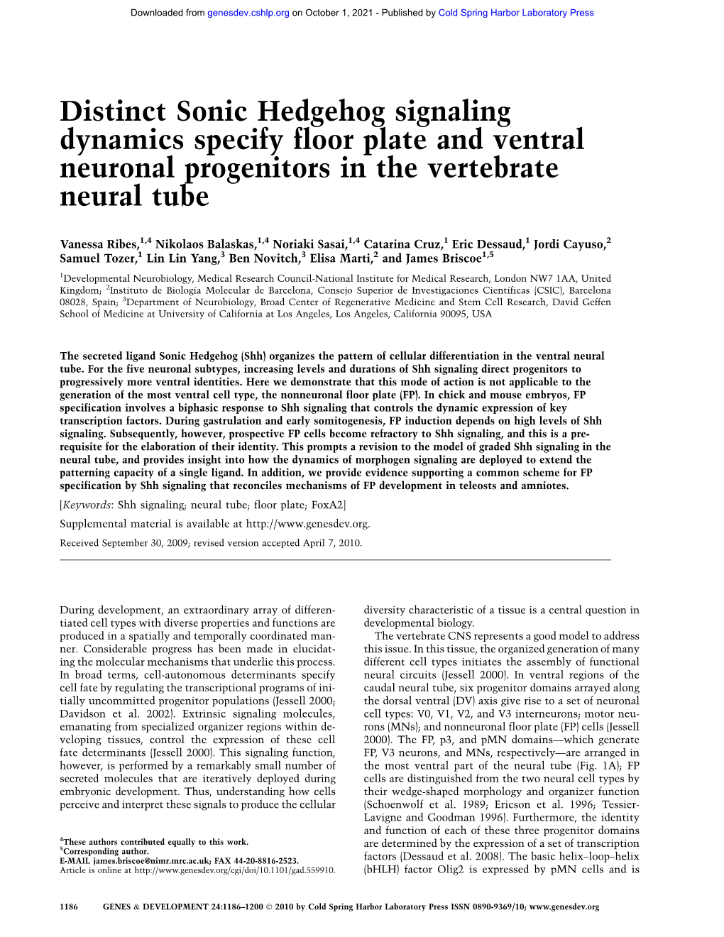 Distinct Sonic Hedgehog Signaling Dynamics Specify Floor Plate and Ventral Neuronal Progenitors in the Vertebrate Neural Tube