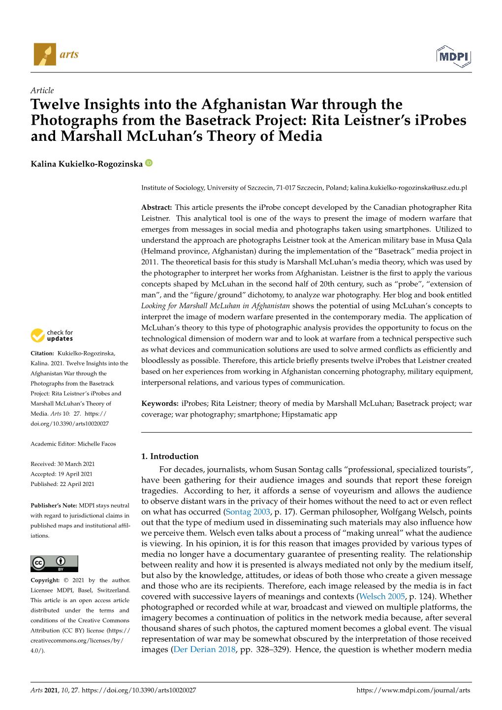 Twelve Insights Into the Afghanistan War Through the Photographs from the Basetrack Project: Rita Leistner’S Iprobes and Marshall Mcluhan’S Theory of Media