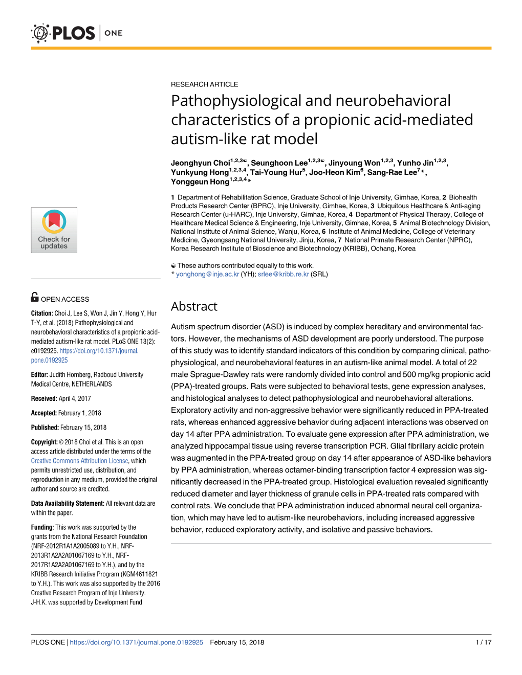 Pathophysiological and Neurobehavioral Characteristics of a Propionic Acid-Mediated Autism-Like Rat Model