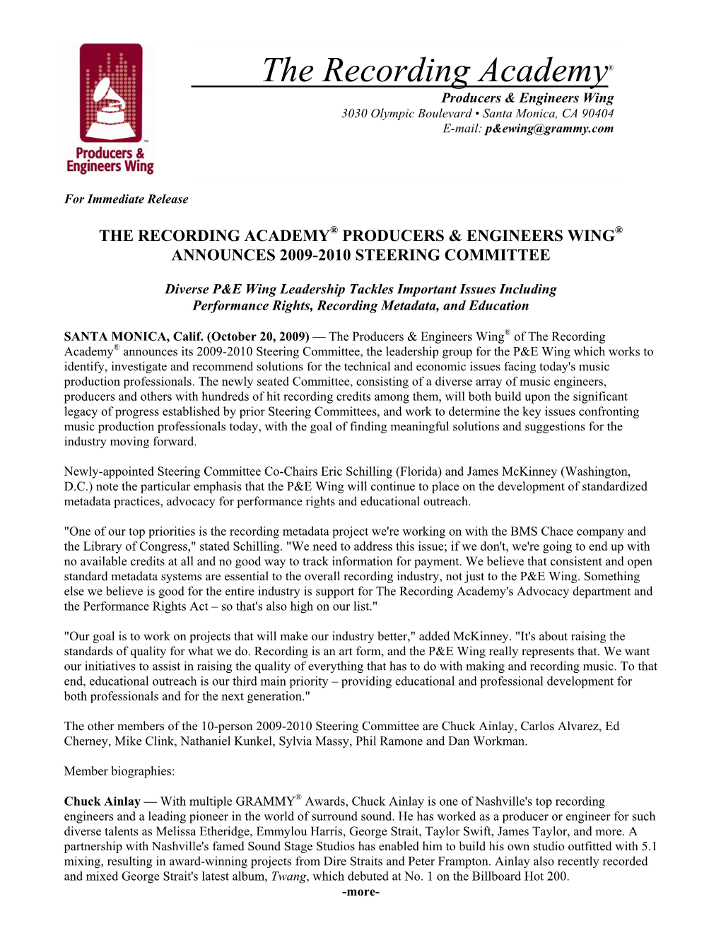 The Recording Academy® Producers & Engineers Wing® Announces 2009-2010 Steering Committee