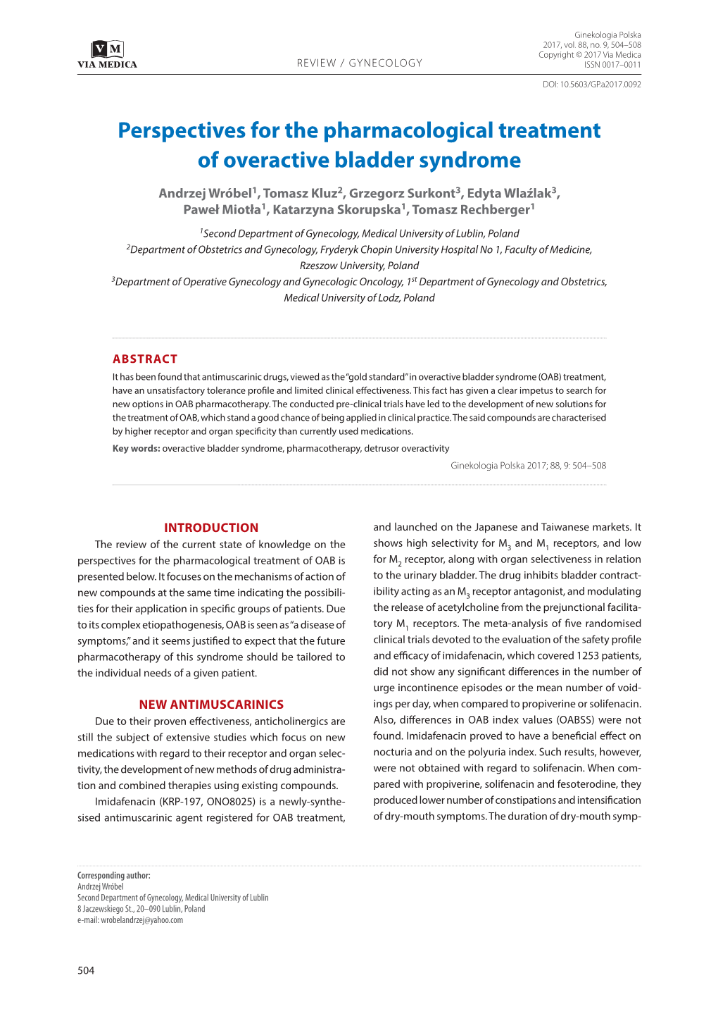 Perspectives for the Pharmacological Treatment of Overactive Bladder Syndrome