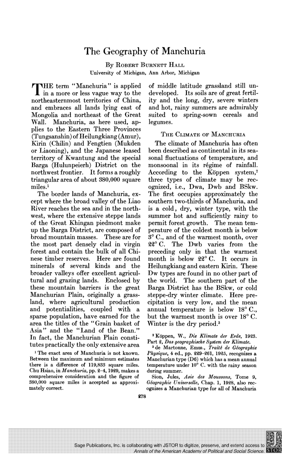 The Geography of Manchuria by ROBERT BURNETT HALL University of Michigan, Ann Arbor, Michigan