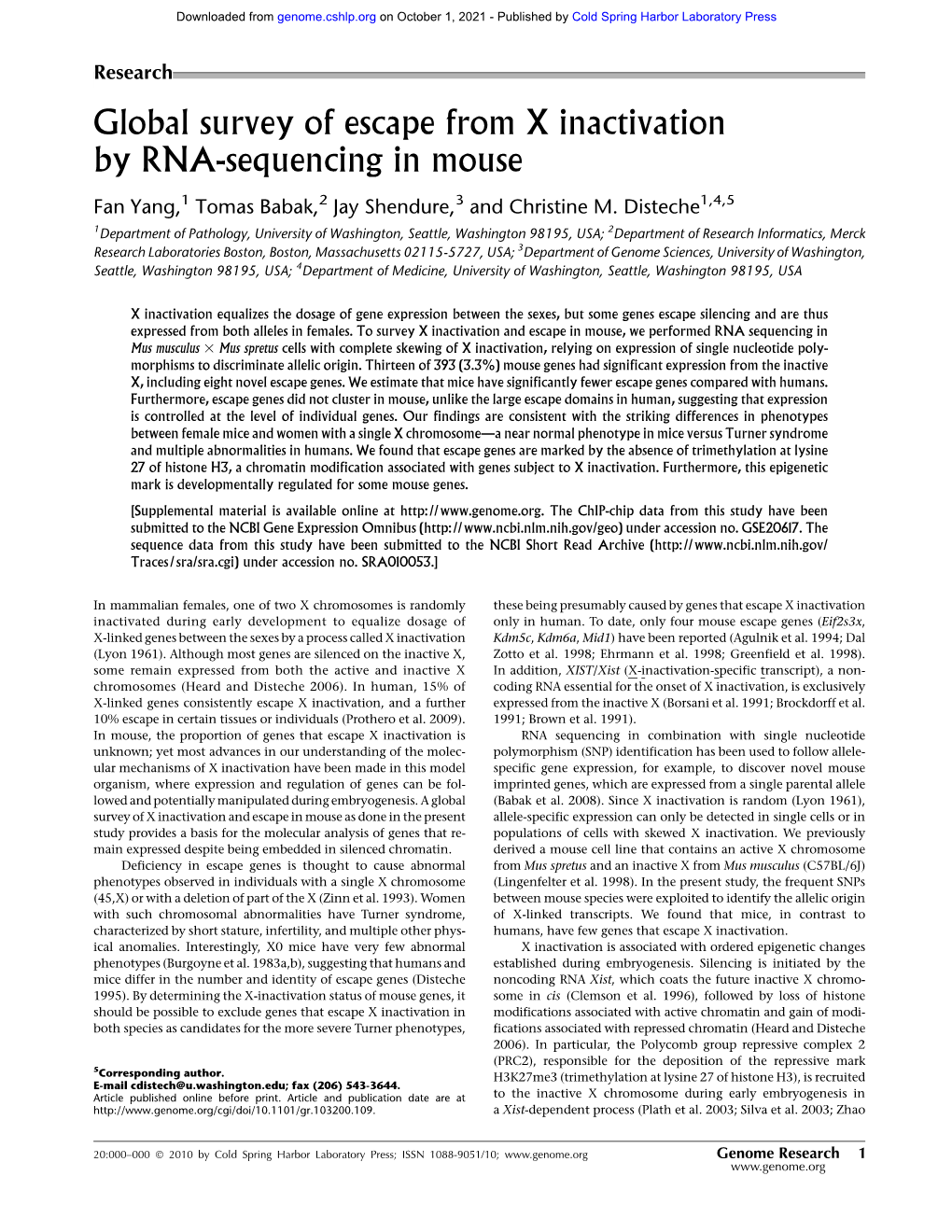 Global Survey of Escape from X Inactivation by RNA-Sequencing in Mouse