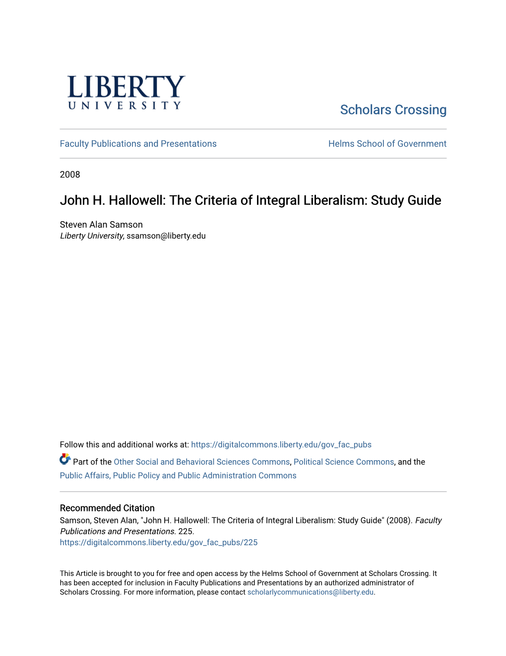 John H. Hallowell: the Criteria of Integral Liberalism: Study Guide