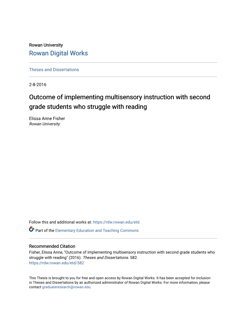 Outcome of Implementing Multisensory Instruction with Second Grade Students Who Struggle with Reading