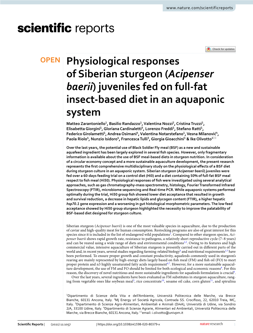 Physiological Responses of Siberian Sturgeon (Acipenser Baerii)