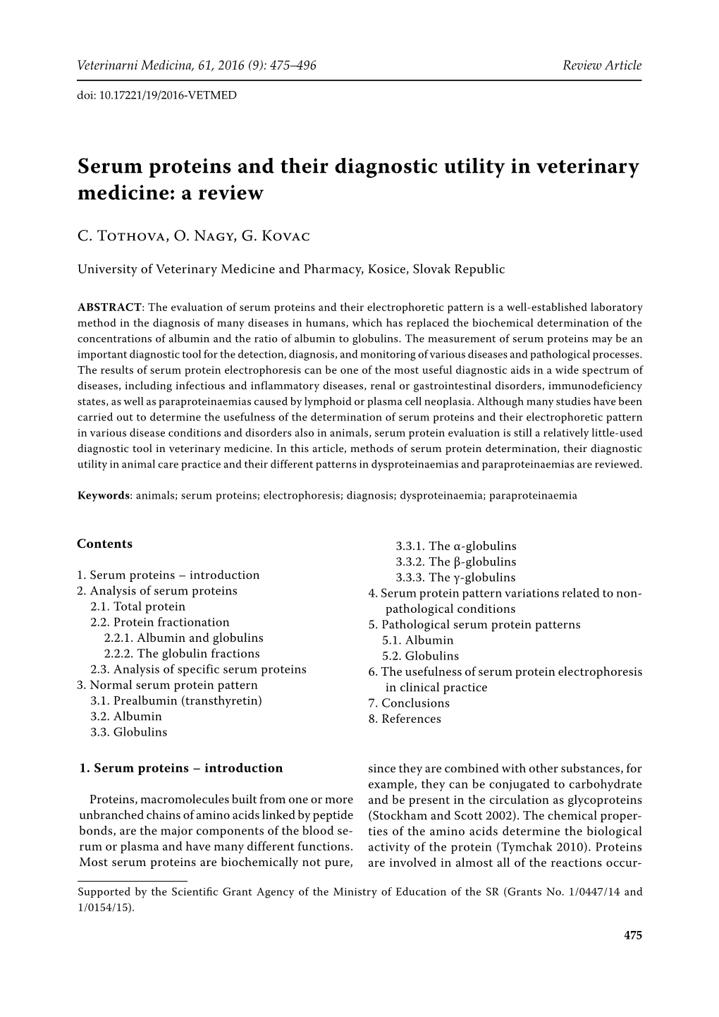 Serum Proteins and Their Diagnostic Utility in Veterinary Medicine: a Review