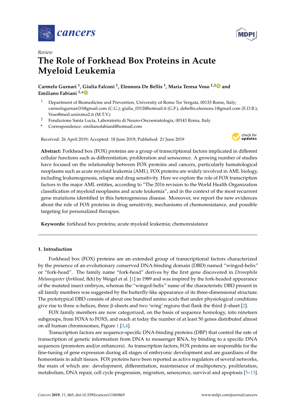 The Role of Forkhead Box Proteins in Acute Myeloid Leukemia