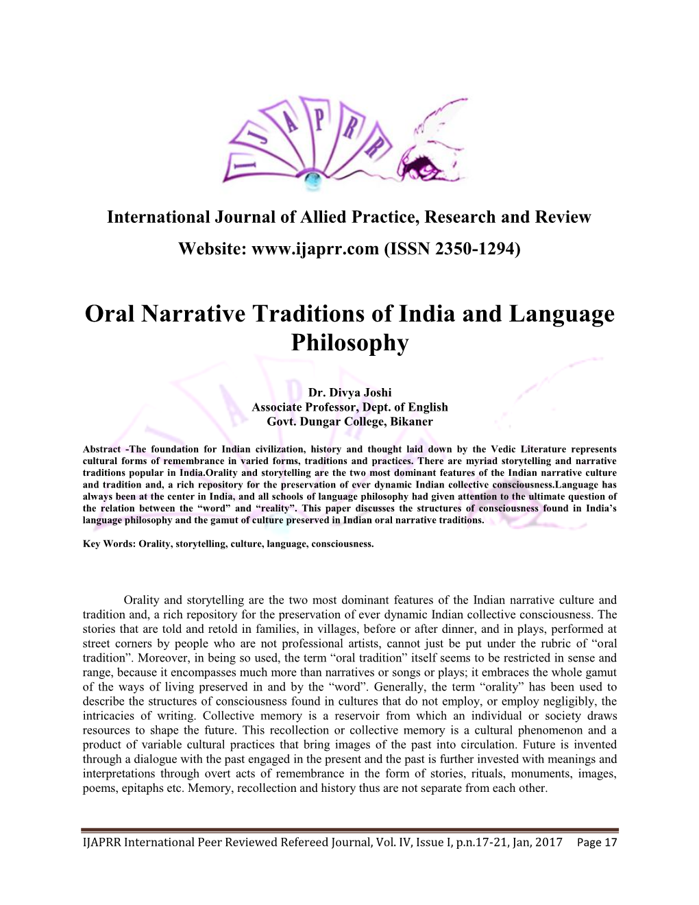 Oral Narrative Traditions of India and Language Philosophy