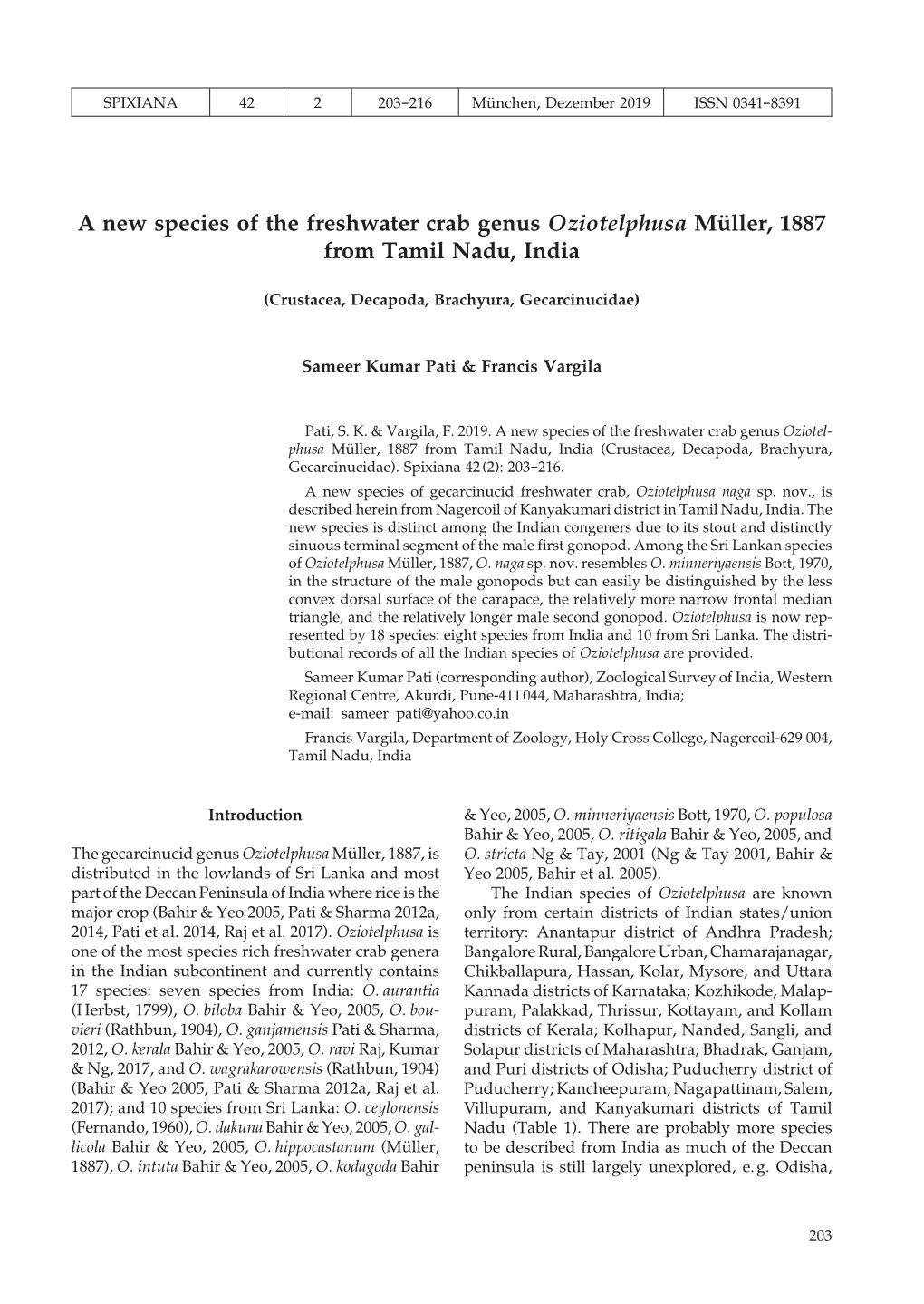 A New Species of the Freshwater Crab Genus Oziotelphusa Müller, 1887 from Tamil Nadu, India