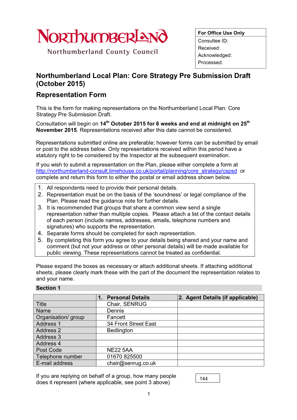 Response to Northumberland County Council Core Draft Strategy