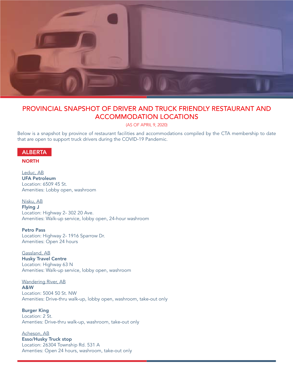 Provincial Snapshot of Driver and Truck Friendly Restaurant And