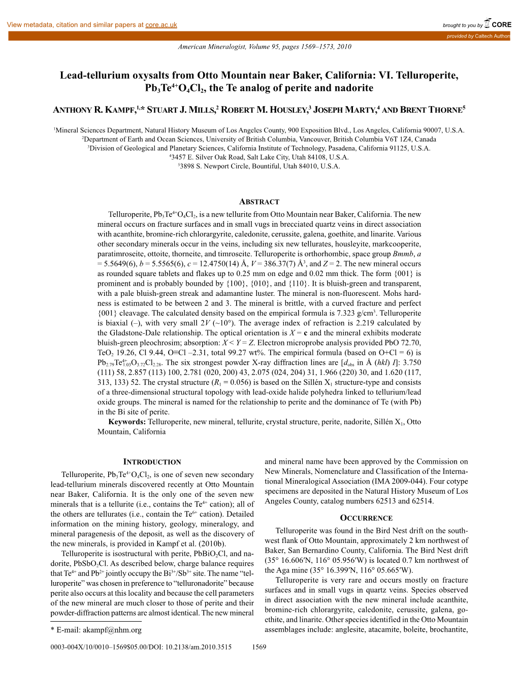 Lead-Tellurium Oxysalts from Otto Mountain Near Baker, California: Part VI. Telluroperite, Pb3teo4cl2, the Te Analog of Perite A