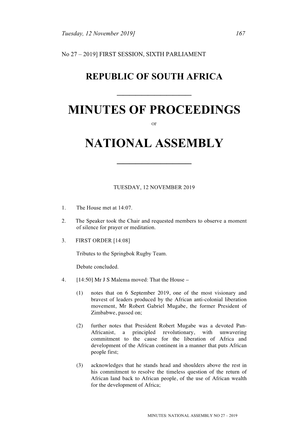 Minutes of Proceedings National Assembly