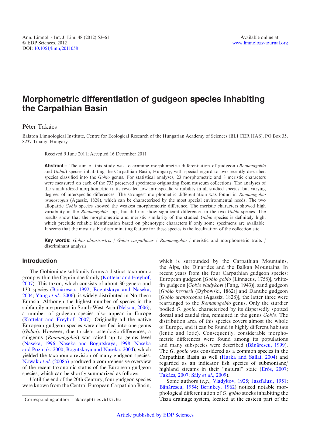 Morphometric Differentiation of Gudgeon Species Inhabiting the Carpathian Basin