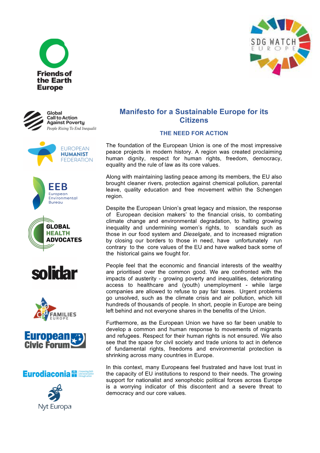 Manifesto for a Sustainable Europe for Its Citizens