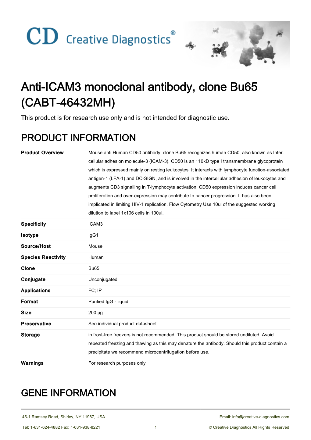 Anti-ICAM3 Monoclonal Antibody, Clone Bu65 (CABT-46432MH) This Product Is for Research Use Only and Is Not Intended for Diagnostic Use