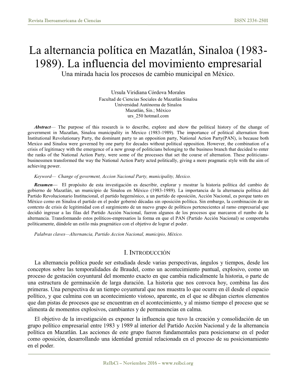 La Alternancia Política En Mazatlán, Sinaloa (1983-1989)