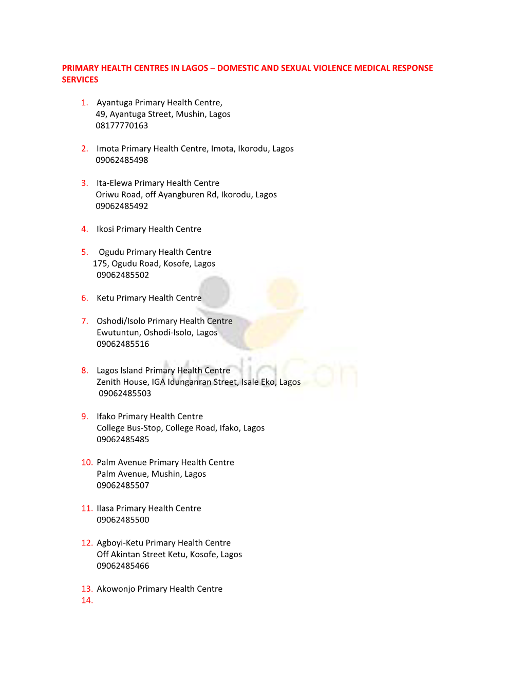 Primary Health Centres in Lagos – Domestic and Sexual Violence Medical Response Services