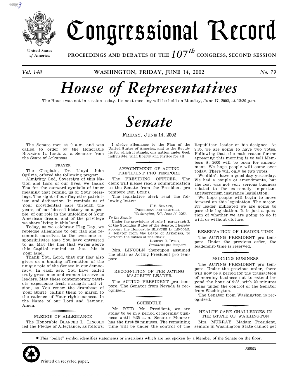 Congressional Record United States Th of America PROCEEDINGS and DEBATES of the 107 CONGRESS, SECOND SESSION