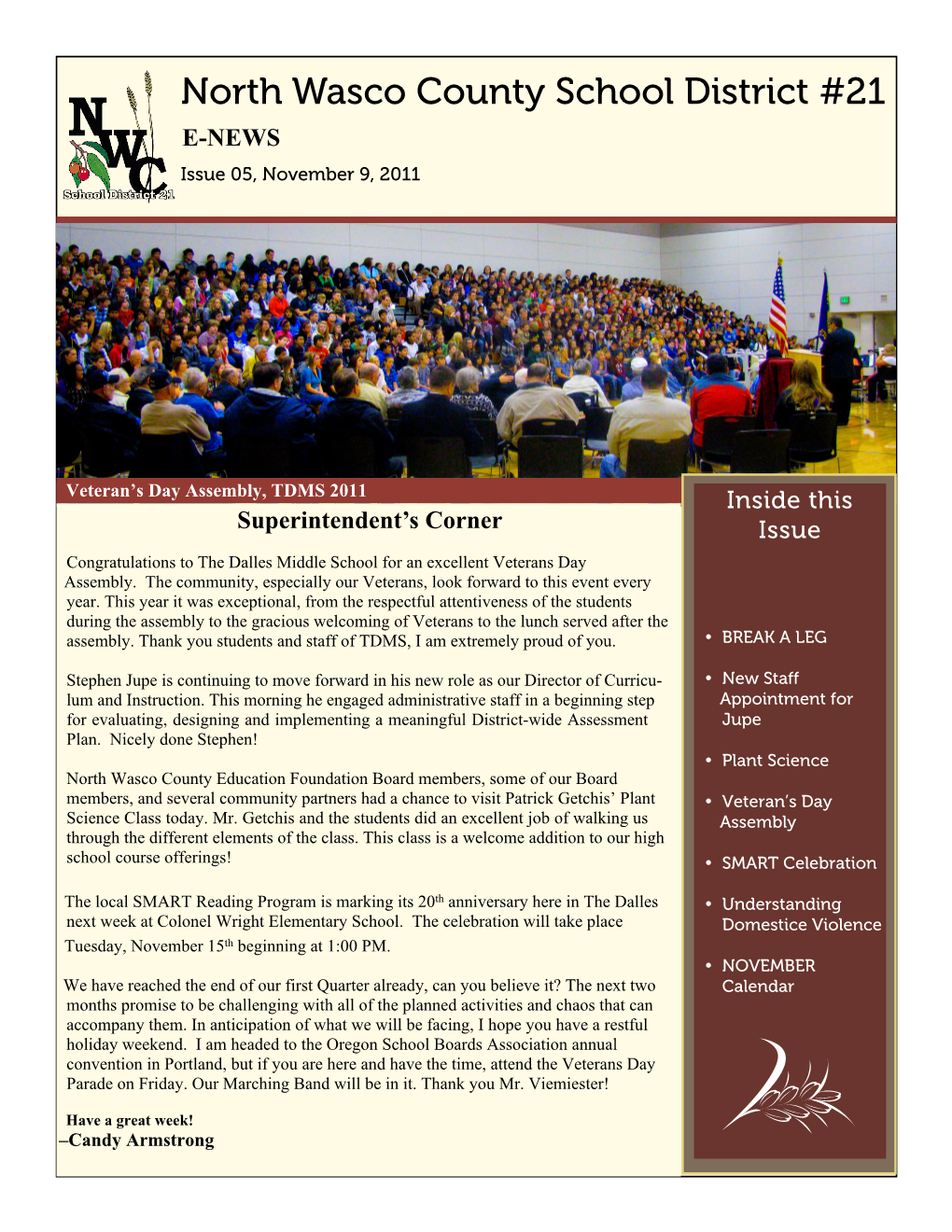 North Wasco County School District #21 E-NEWS Issue 05, November 9, 2011