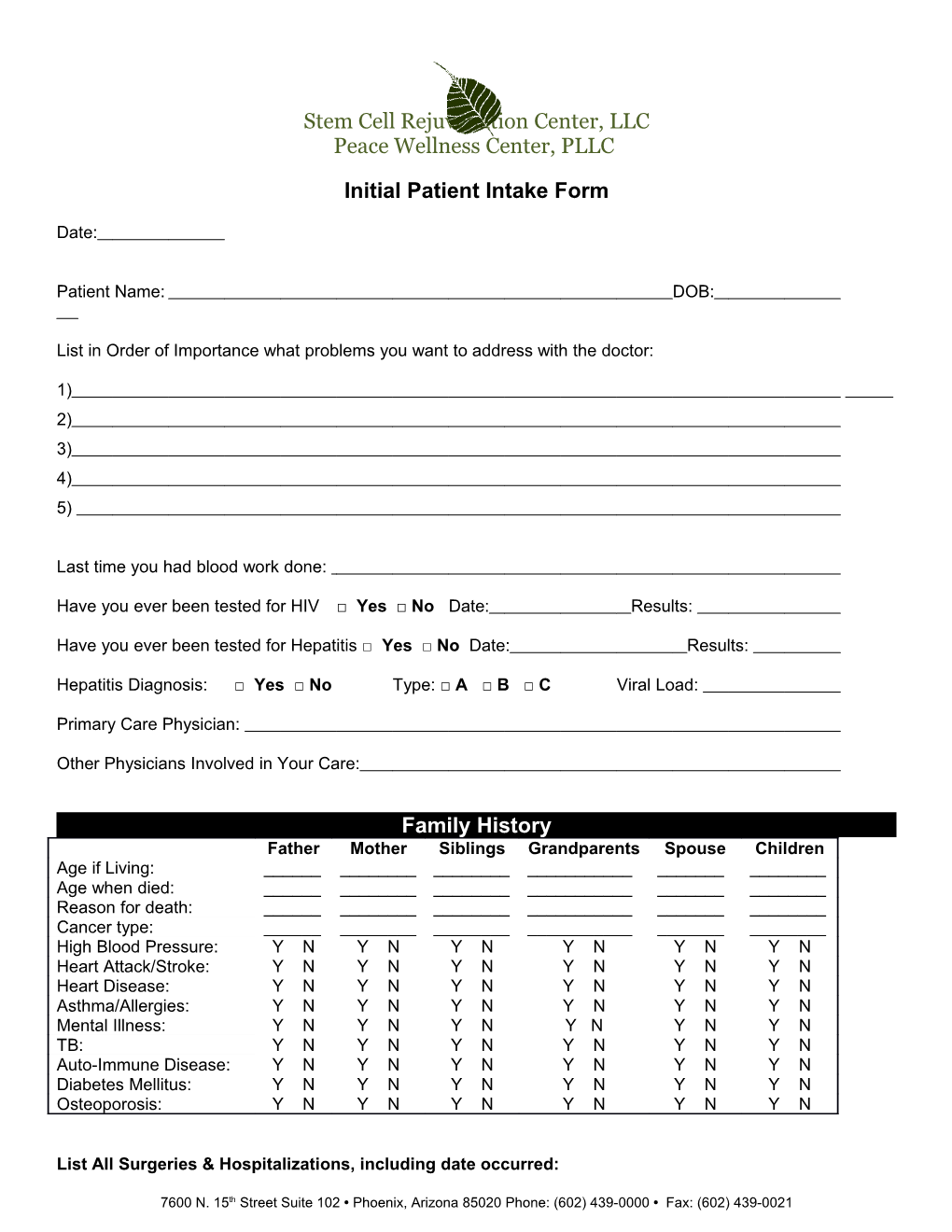 Initial Patient Intake Form