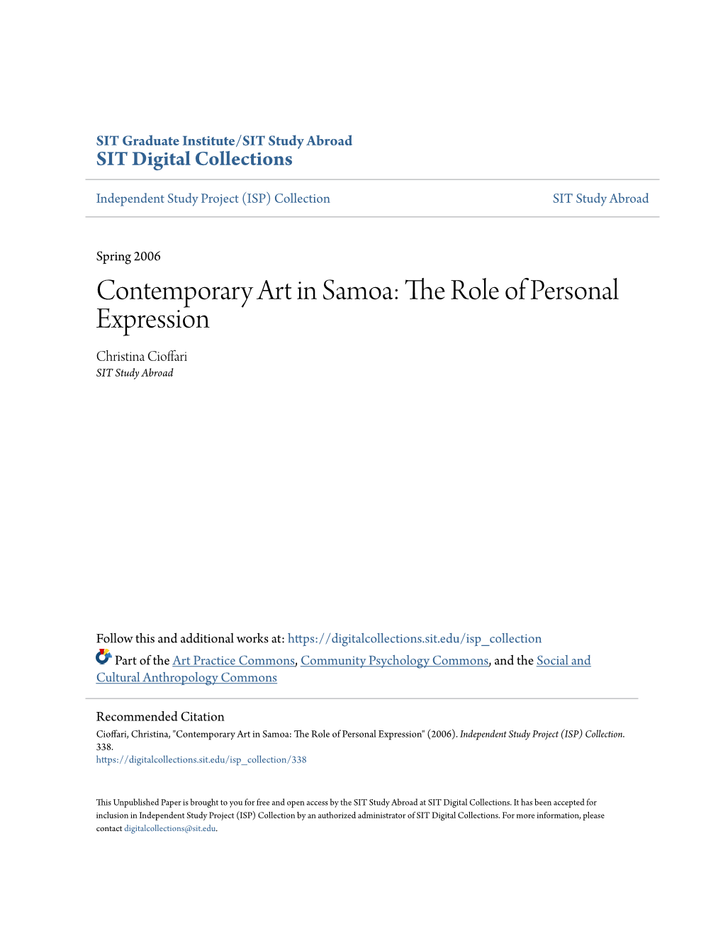 Contemporary Art in Samoa: the Role of Personal Expression Christina Cioffari SIT Study Abroad
