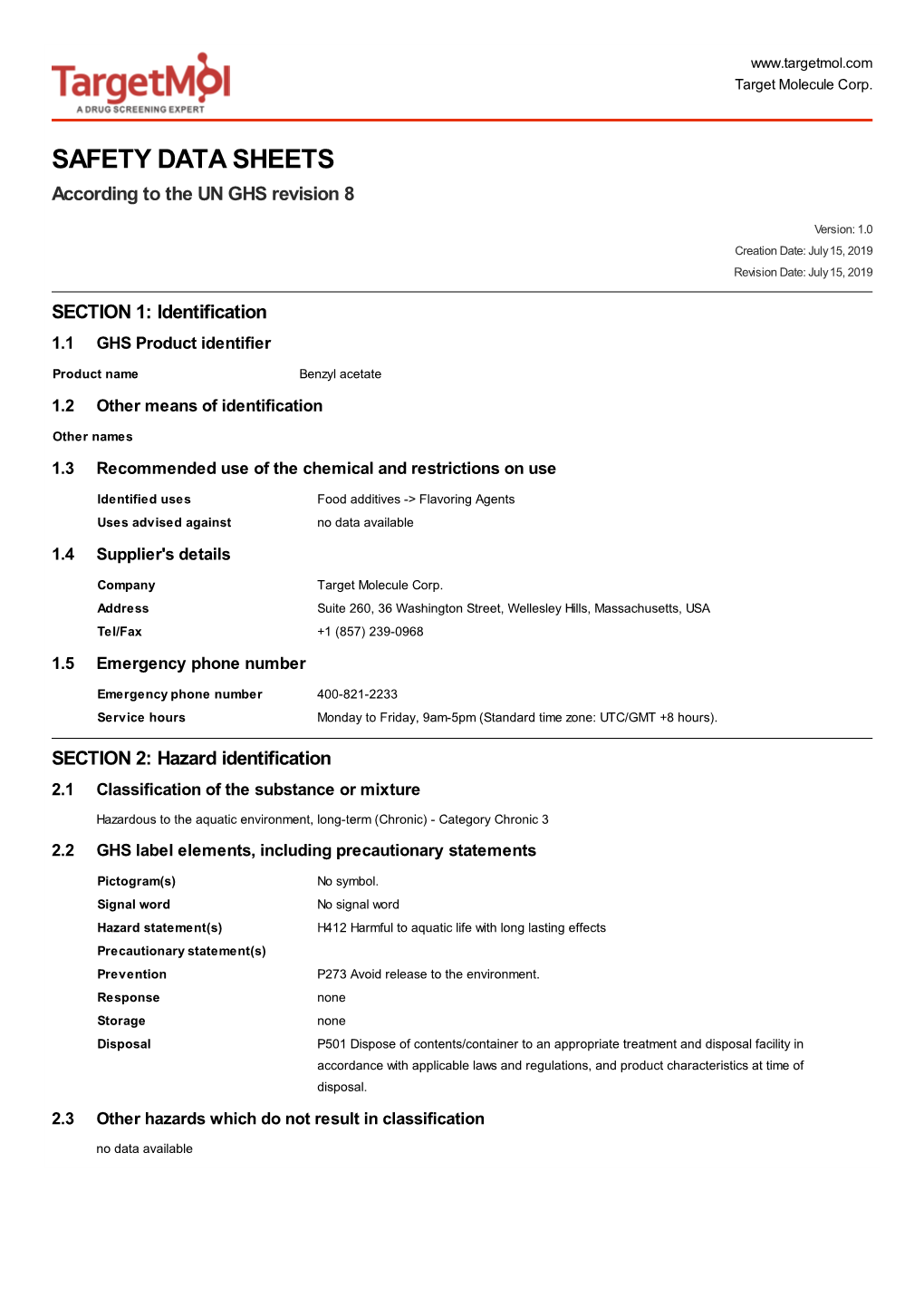 SAFETY DATA SHEETS According to the UN GHS Revision 8