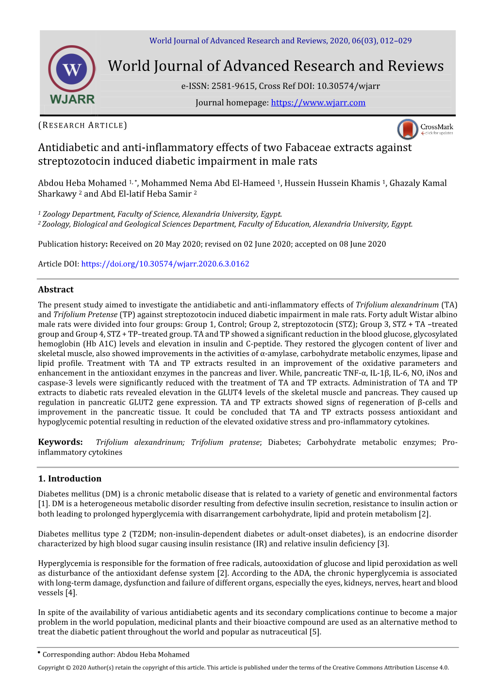 Antidiabetic and Anti-Inflammatory Effects of Two Fabaceae Extracts Against Streptozotocin Induced Diabetic Impairment in Male Rats