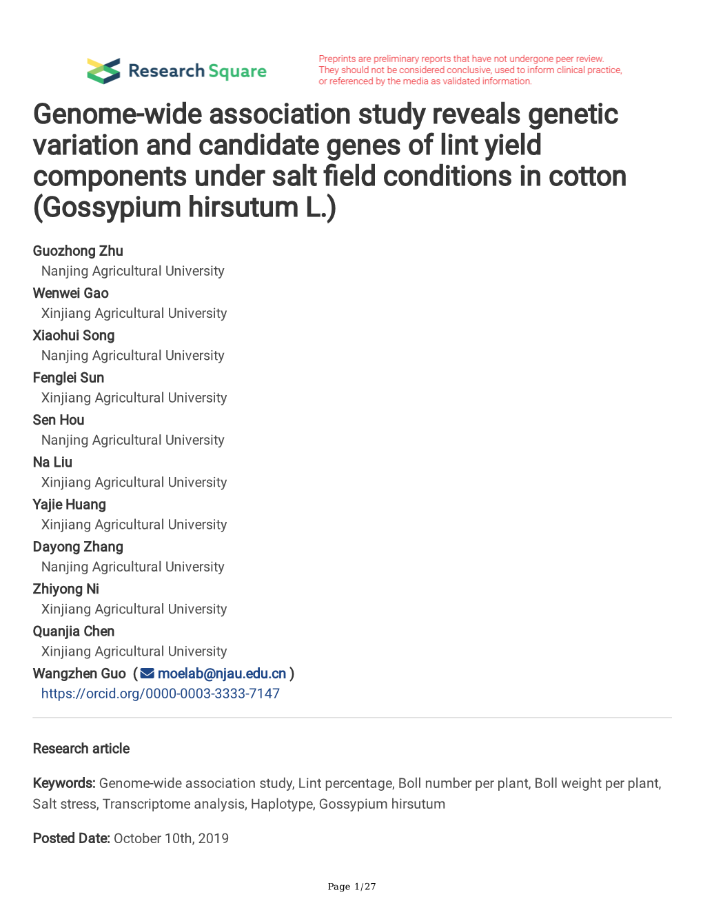 Genome-Wide Association Study Reveals Genetic Variation and Candidate Genes of Lint Yield Components Under Salt Feld Conditions in Cotton (Gossypium Hirsutum L.)