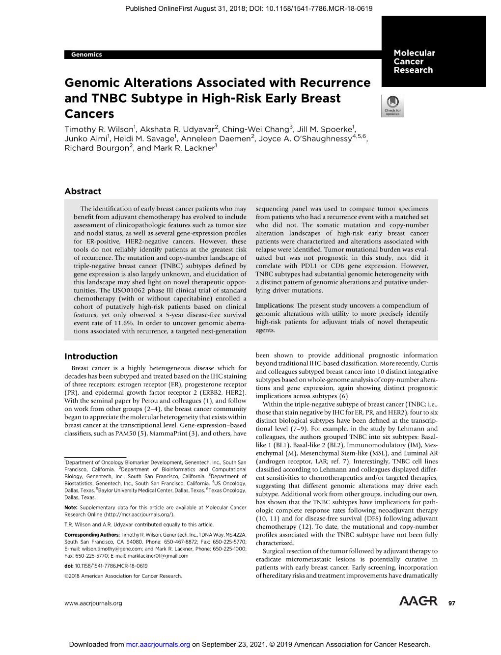 Genomic Alterations Associated with Recurrence and TNBC Subtype in High-Risk Early Breast Cancers Timothy R