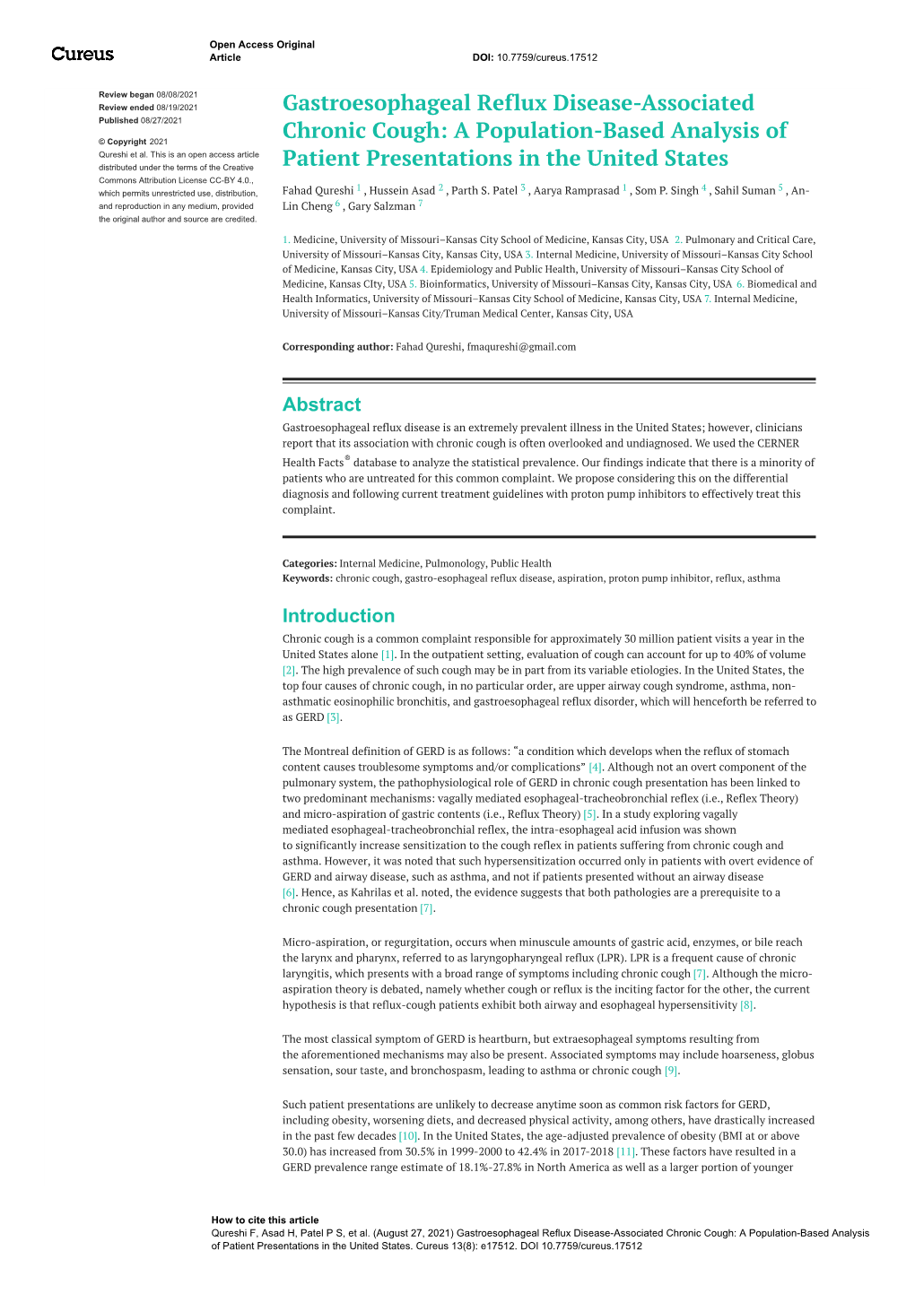 Gastroesophageal Reflux Disease-Associated Chronic Cough: a Population-Based Analysis of Patient Presentations in the United States