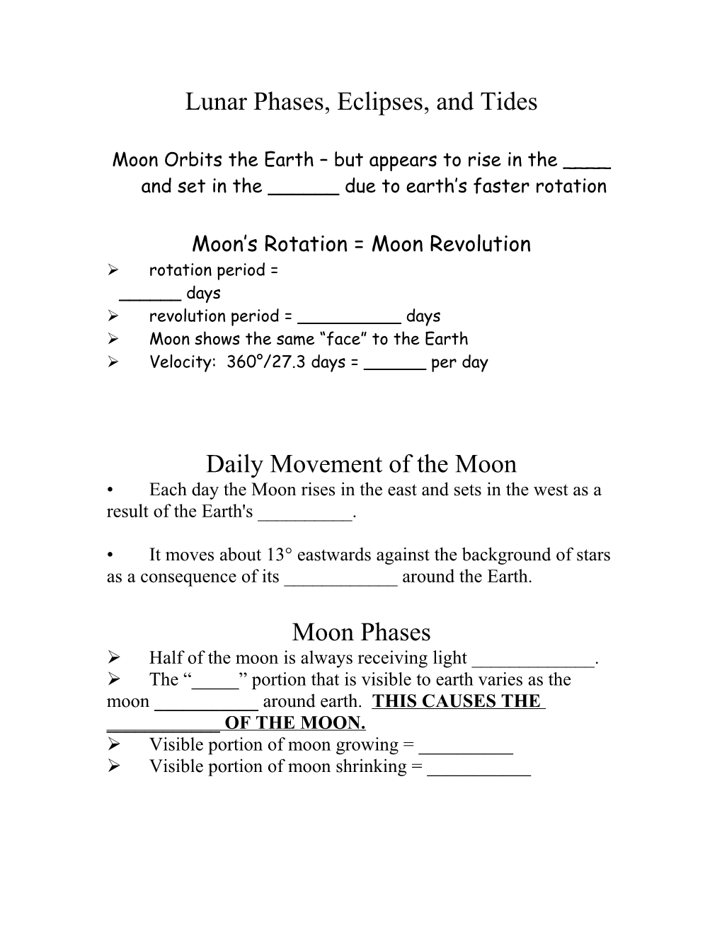 Lunar Phases, Eclipses, and Tides